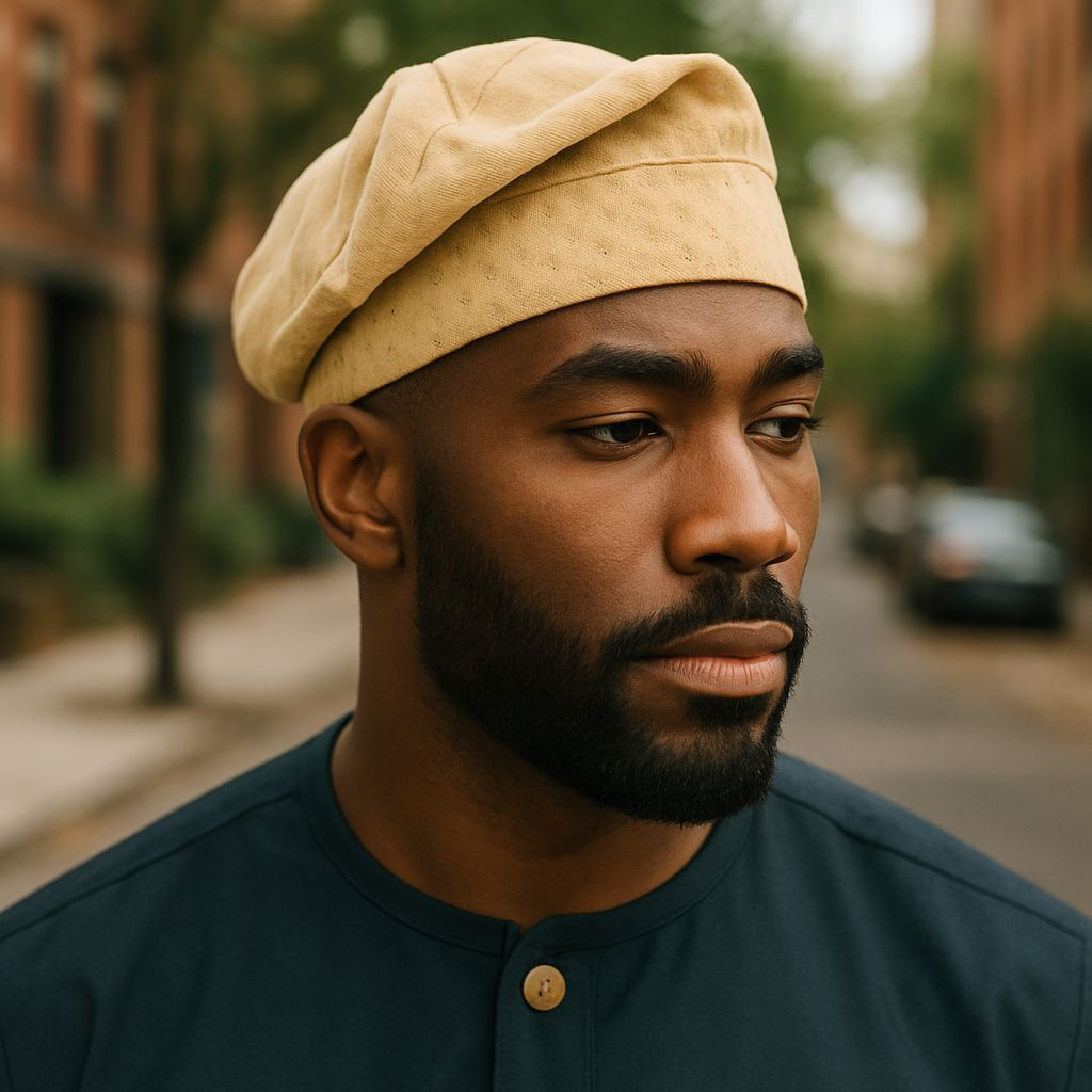 Brimless cream African Aso Oke kufi hat for men by Dupsie’s African Fashion – authentic Yoruba fila hat in African clothing heritage.