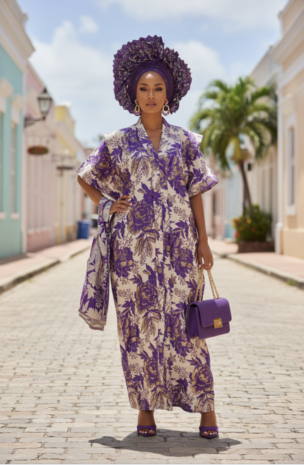 Adunbi Royale Anaya purple and gold African boubou dress by Dupsie’s African Fashion, floral damask African dress with V neckline and short sleeves 