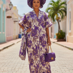 Adunbi Royale Anaya purple and gold African boubou dress by Dupsie’s African Fashion, floral damask African dress with V neckline and short sleeves 