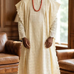 Elegant Silver Embroidered Cream Alkebulan Bini Agbada 3-piece set for men