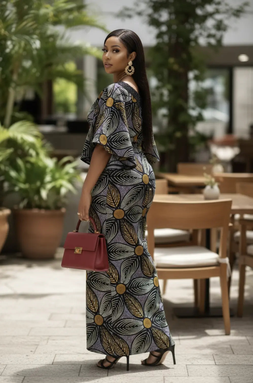 Aniyah: Exquisite African Print Dress - Black, Blue, Gold, Pink & Brown Ankara Dress with Rhinestone-Embellished Asymmetric Neckline