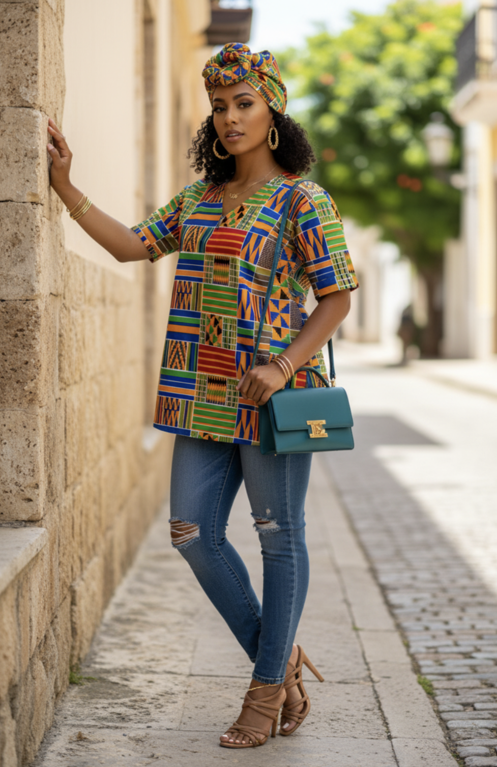 Detailed view of Lema Dashiki top showcasing its Kente print and button design