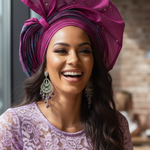 Side profile of Kewa Aso Oke pre-tied autogele African head wrap, structured fan crown African hat for women in fuchsia and light blue.