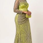 Lime green African beaded satin dress with rhinestone embellishment and Nigerian-inspired formal fashion