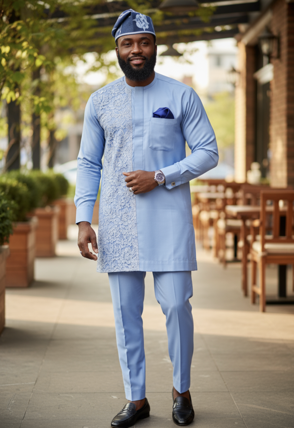 Elegant African clothing for men featuring a lace-trimmed Dashiki