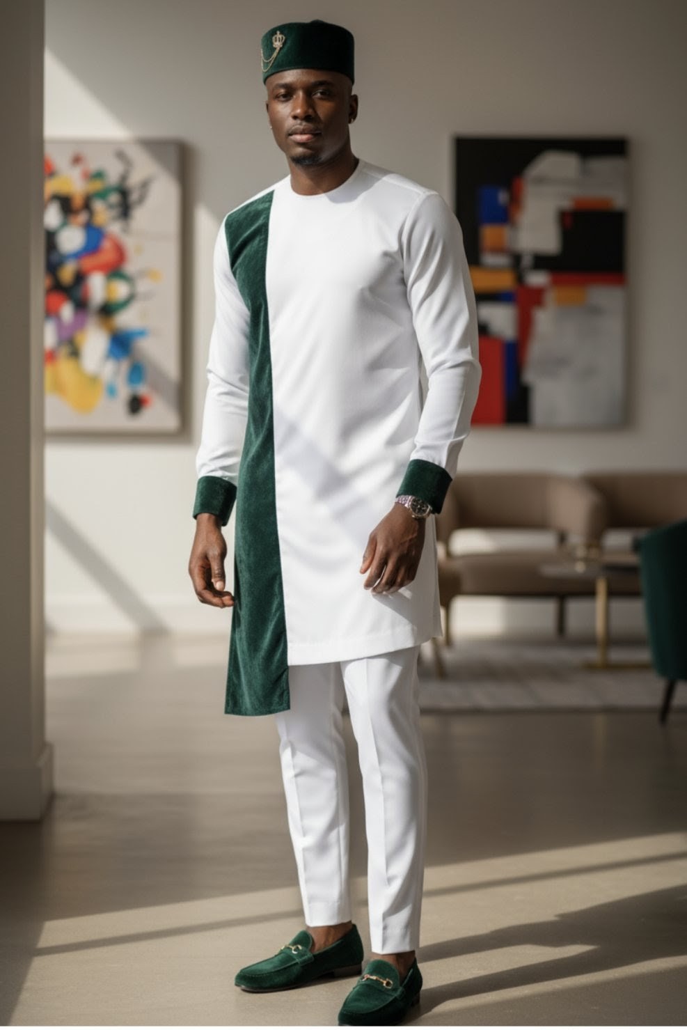 Dupsie's African Fashion Ivory Off-White top with green velvet detailing, perfect for formal and casual occasions