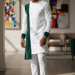 Dupsie's African Fashion Ivory Off-White top with green velvet detailing, perfect for formal and casual occasions