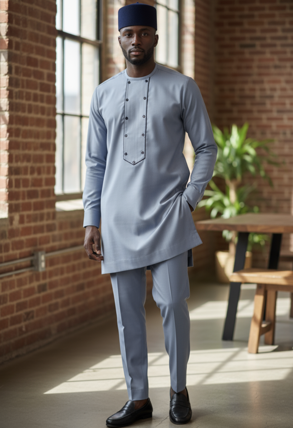 Slim-fit light-blue African men’s clothing set with embroidered panel and French cuffs