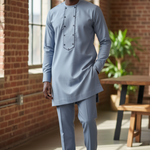 Slim-fit light-blue African men’s clothing set with embroidered panel and French cuffs