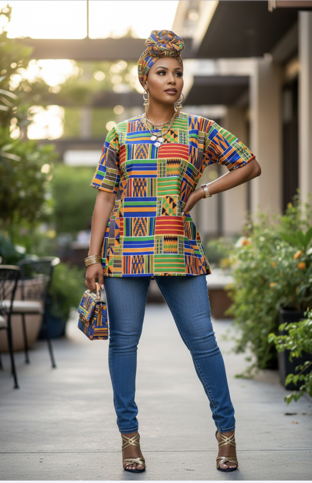 Lema multicolored Dashiki top styled with blue jeans and accessories.