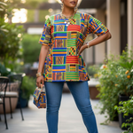 Lema multicolored Dashiki top styled with blue jeans and accessories.