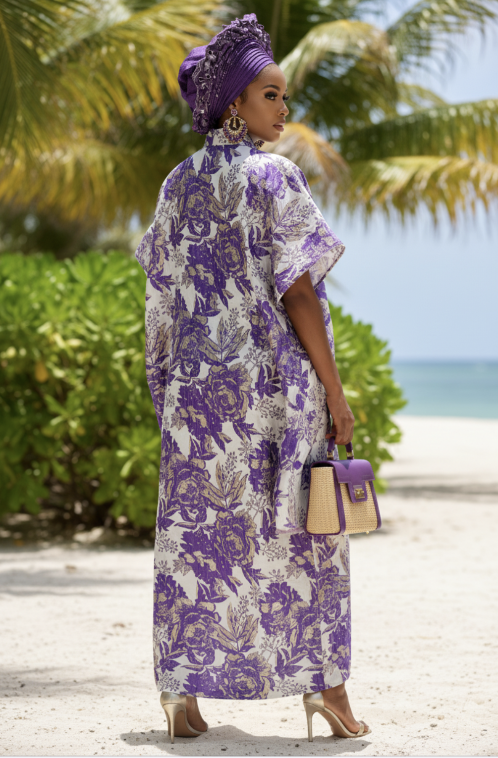 African clothing for women featuring purple Autogele headwrap and matching African print boubou dress, headwrap sold separately 