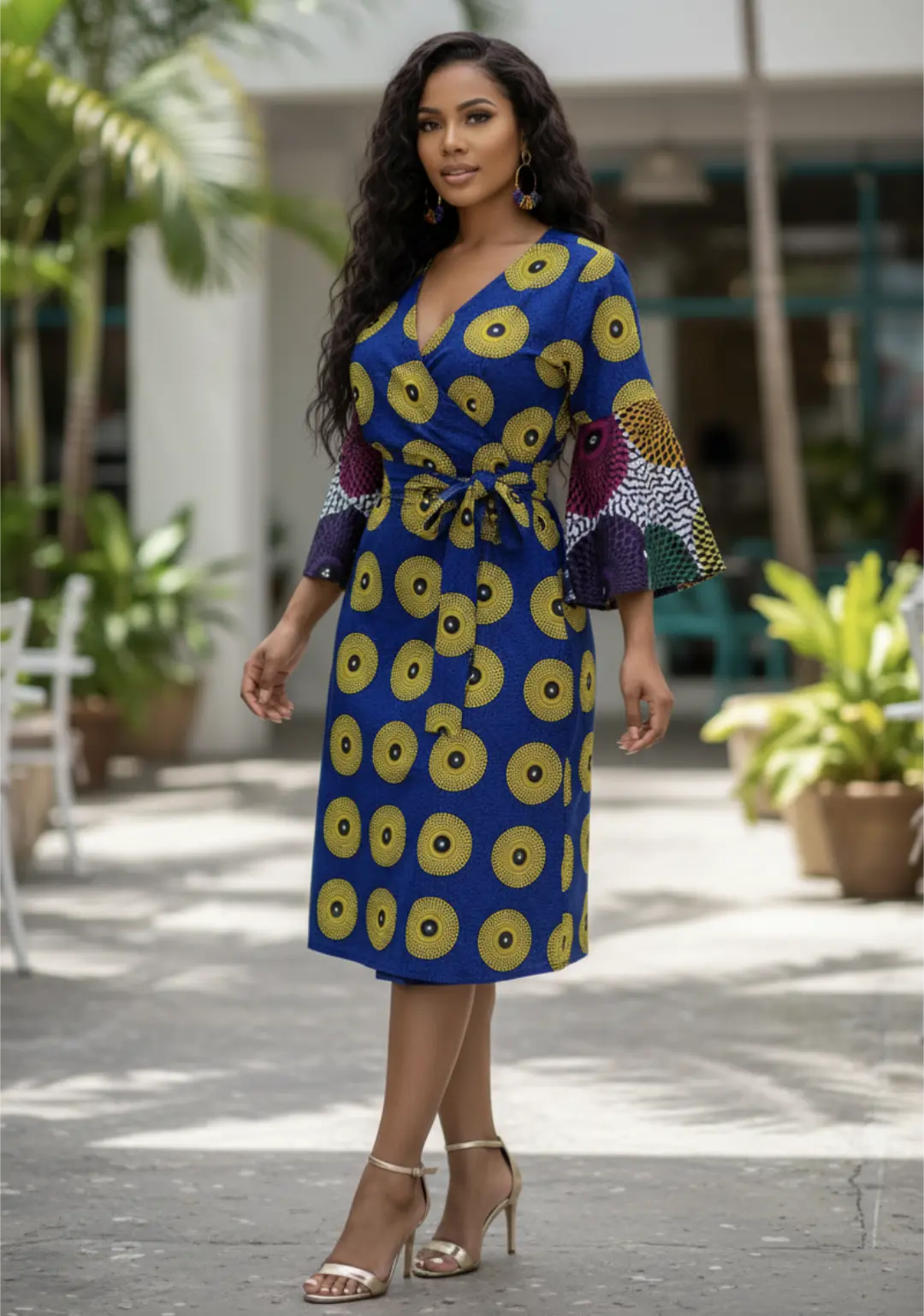 Awoorin Royal-Blue and Yellow Wrap Midi Dress | Chic African Fashion by Dupsie's DPWDBY54 | African Fashion