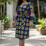 Chic Dupsie's African fashion dress featuring royal-blue and yellow Ankara prints.