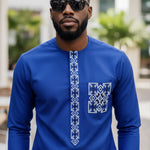 Intricate Design of Royal Blue and Off-White African Embroidery