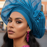 Multi-angle view of the Turquoise Blue Aso Oke Autogele Hat in African fashion