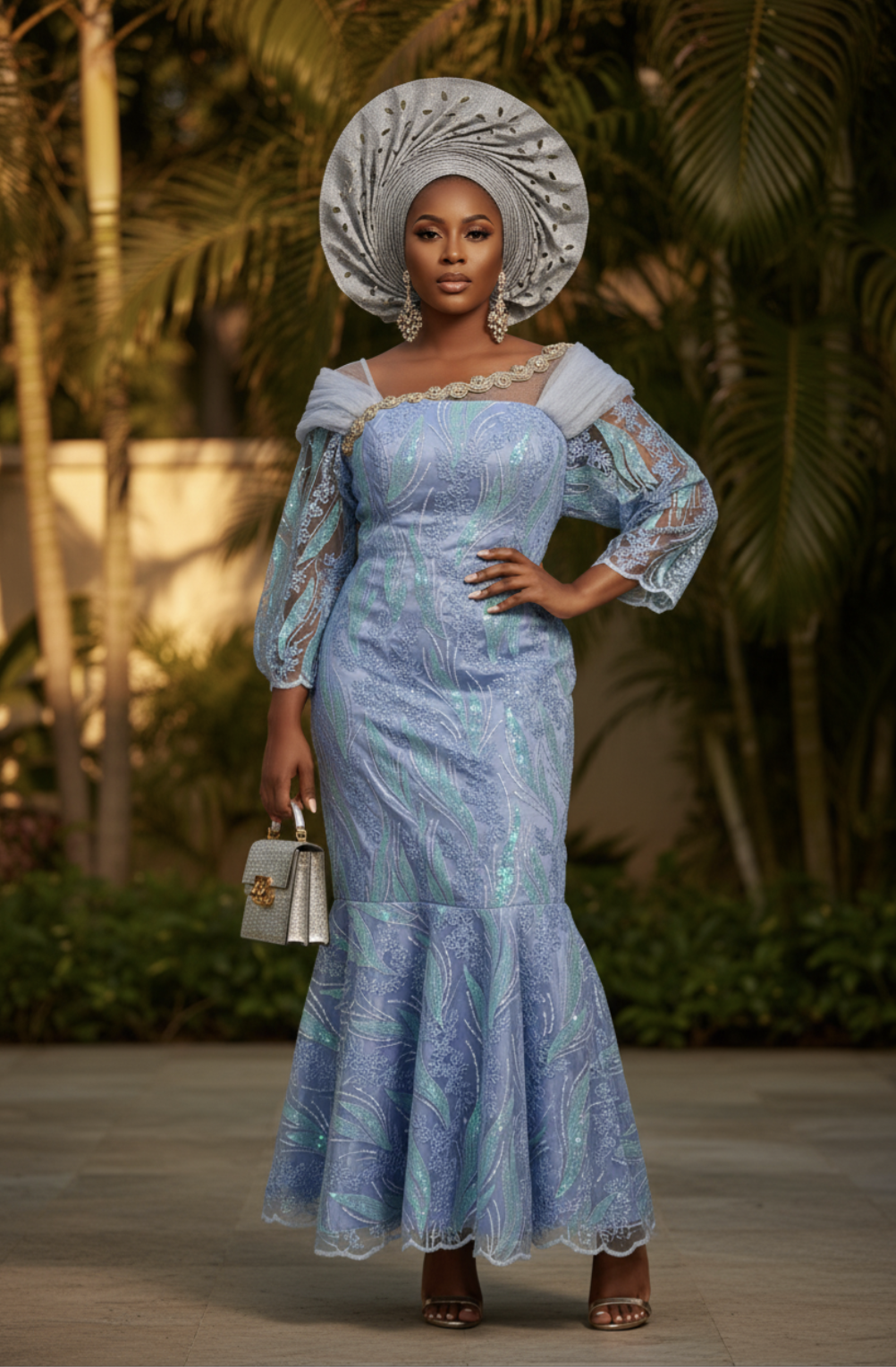 Elegant light blue bustier style dress adorned with silver sequins