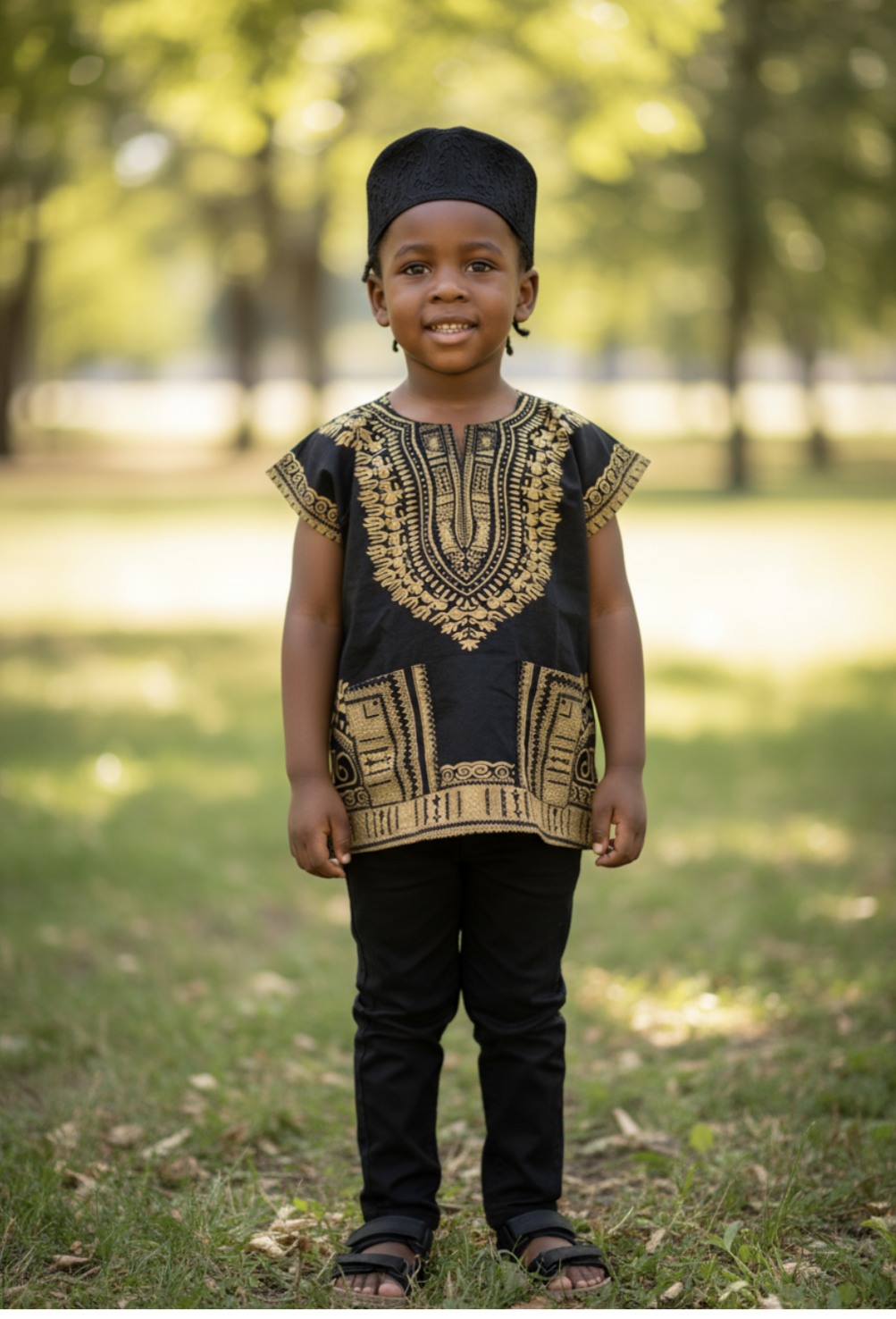 Stylish black and gold dashiki for children celebrating African culture.