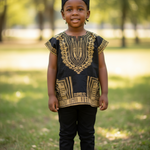 Stylish black and gold dashiki for children celebrating African culture.
