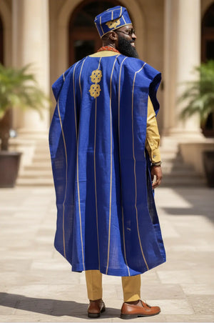 Elegant Striped Royal Blue and Gold Embroidered Agbada Robe for Men ...