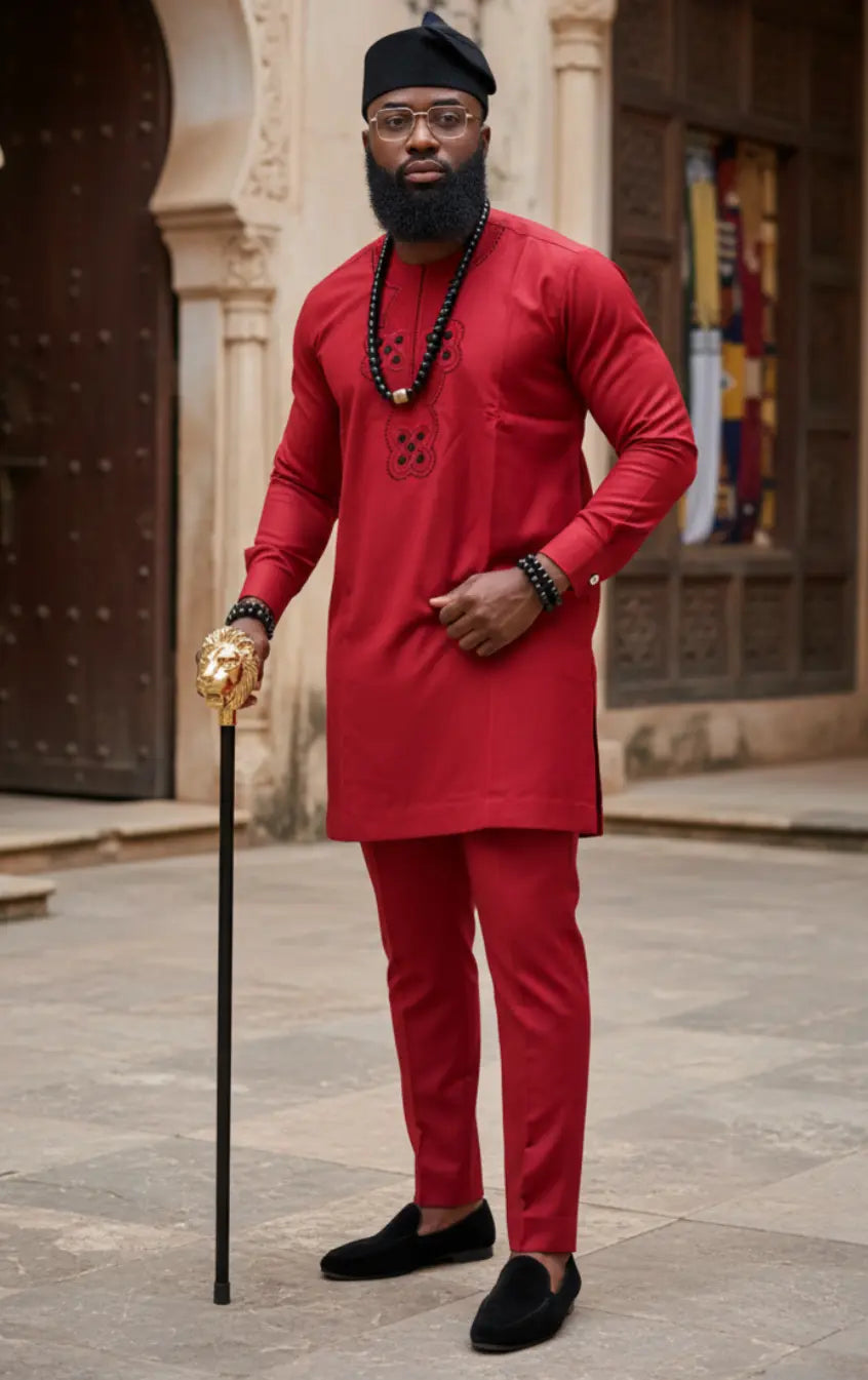 Dupsie's African Fashion | Obasi Elegance Red Silk-Cotton Blend Agbada Dupsie's African Fashion | Obasi Elegance Red Silk-Cotton Blend Agbada