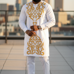 Elegant African fashion pantsuit for men featuring gold embroidery.