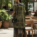 Chic African fashion: lemon yellow and green Ankara dress with fringes.