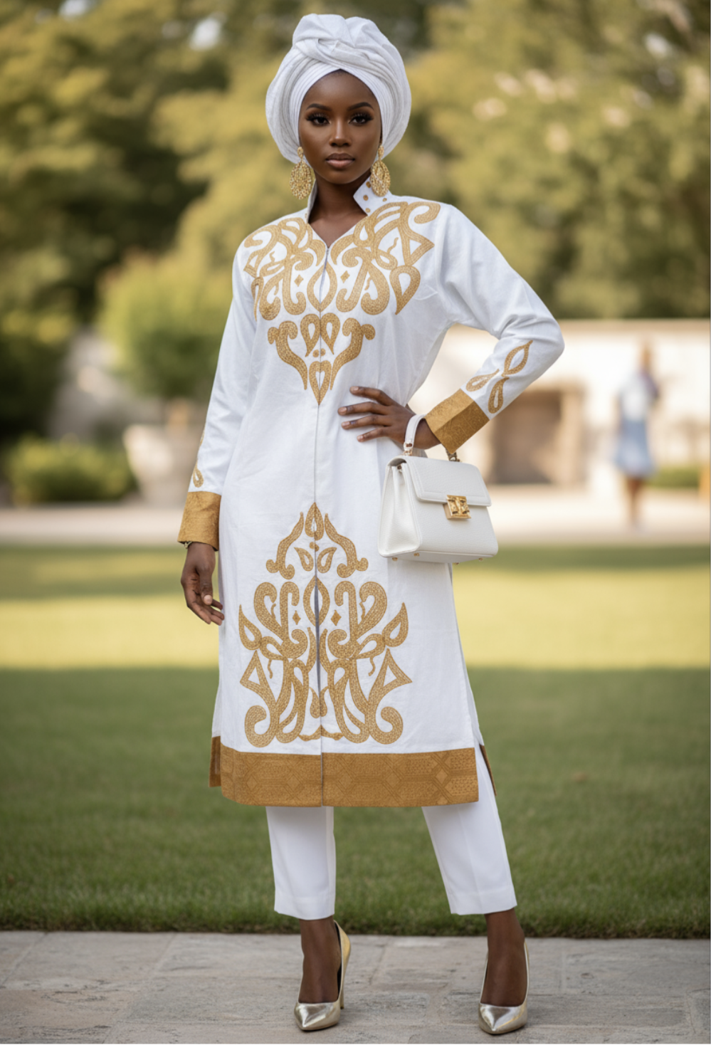 Elegant African Fashion ensemble for women featuring white and gold detailing