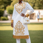 Elegant African Fashion ensemble for women featuring white and gold detailing