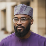 Handwoven Aso Oke African hat for men, Poju fila by Dupsie’s African Fashion, styled for African weddings, African attire and modern African clothing for men.