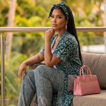 African kimono style cotton pants set for women featuring emerald green tie-dye and sparkling rhinestones.