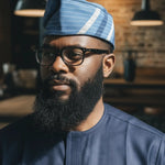 African men fashion Aso Oke fila hat with light-blue navy-blue and silver jean-like textured fabric