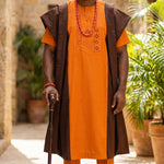 Traditional African Agbada robe showcasing vibrant colors and embroidery.