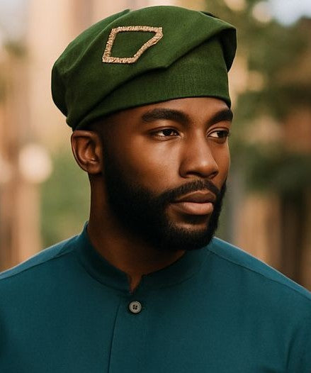 AdeKolawole Brimless Green with Gold Aso Oke Kufi Hat – Authentic Yoruba African Hat by Dupsie’s African Fashion