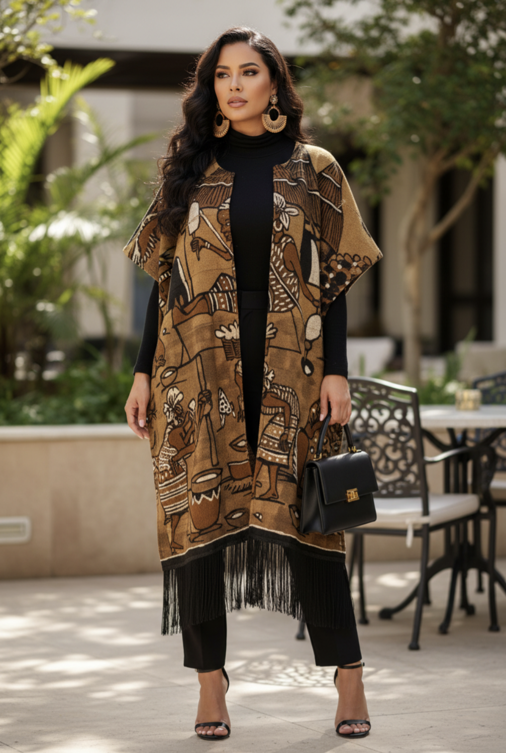 Beautifully designed mud cloth kimono dress depicting daily life in an African village.