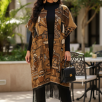 Beautifully designed mud cloth kimono dress depicting daily life in an African village.