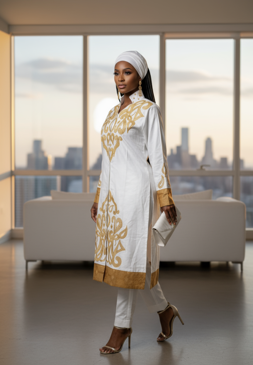 Traditional African pantsuit set featuring a long-sleeved tunic and drawstring pants.