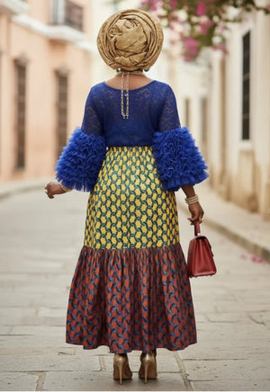 Mariam – Royal Blue Rhinestoned Lace Bodice with Multicolored African Print Design Dress by Dupsie's DPDRBLA3 | African Fashion