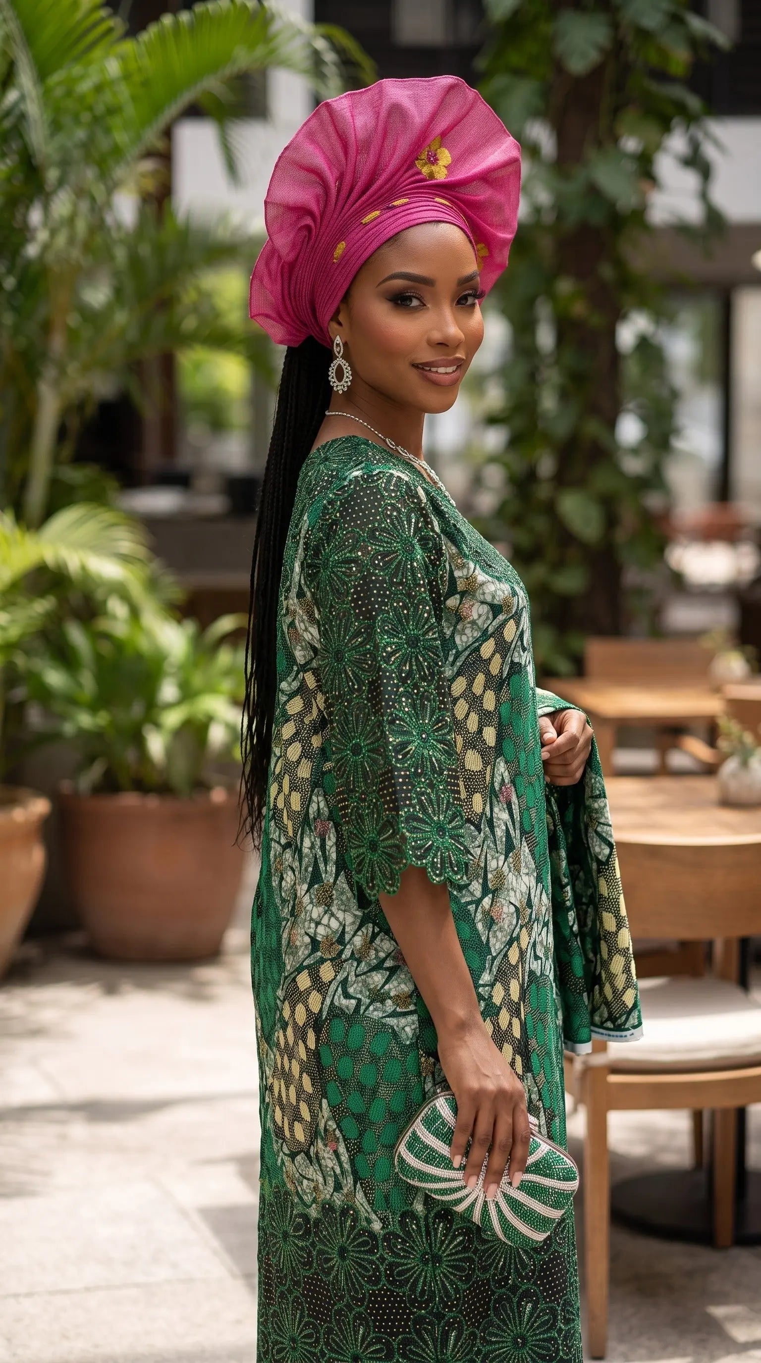 Sukke Green African Embroidered Rhinestone Ankara Maxi Dress for Women | Nigerian Party Dress | Dupsie's African Fashion DPDGRGRS9