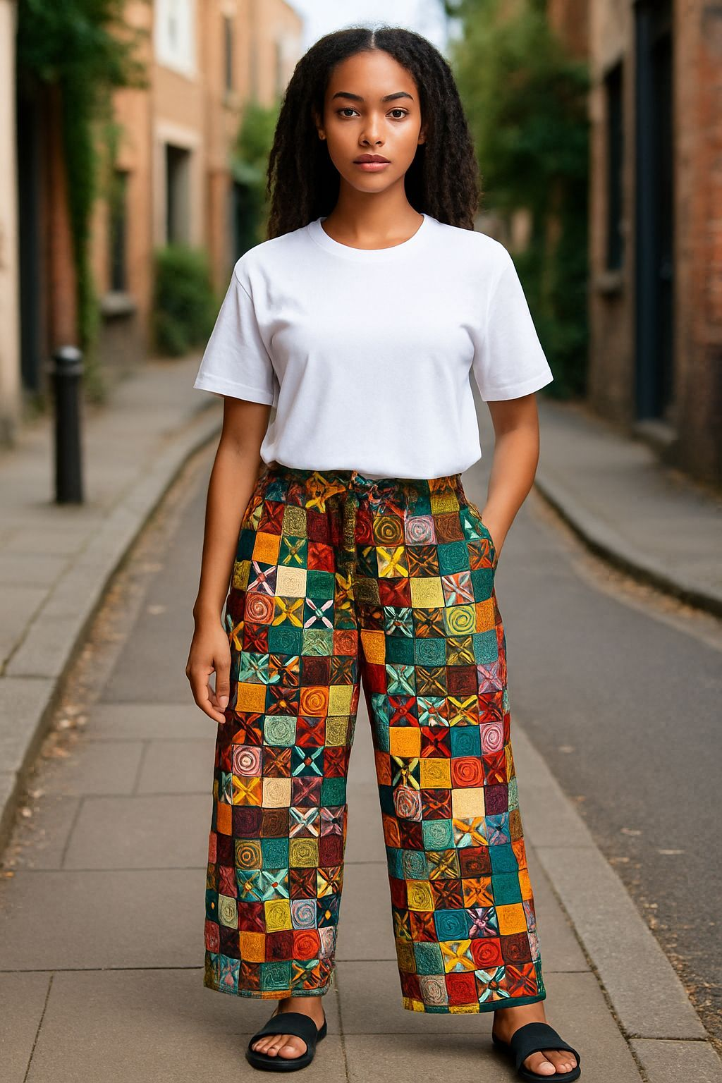 Multicolored African print patchwork wide-leg pants for women with belt loops and cotton drawstring by Dupsie’s African Fashion