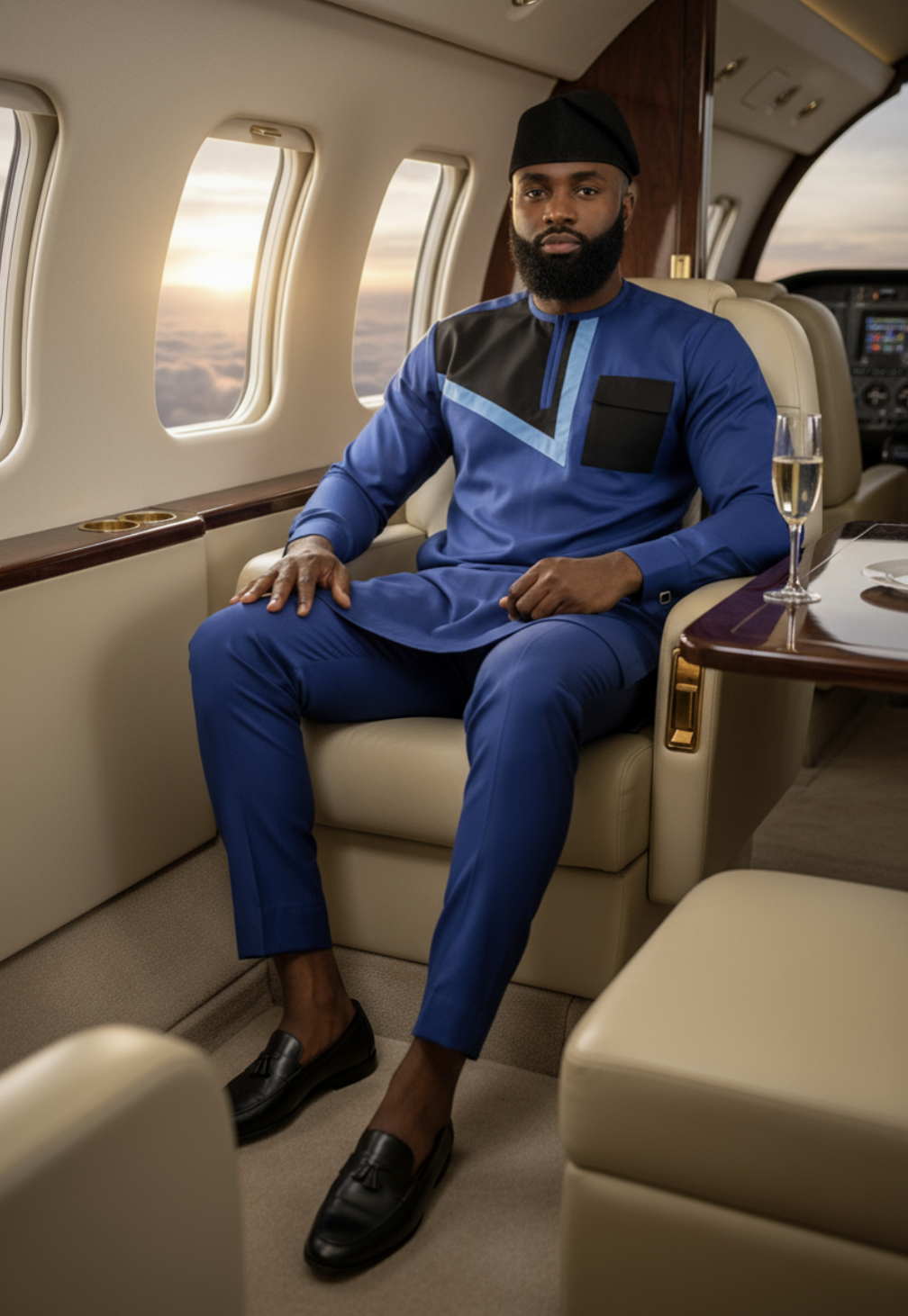 Nkem African Senator Dashiki Ensemble in Royal Blue with Black and Light-Blue Trim by Dupsie's African Fashion