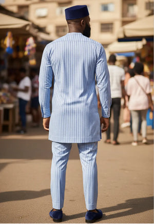 Anambra Light-Blue African Senator Dashiki Top with Navy-Blue Pinstripes | Dupsie's African Fashion DPASLBPS4 Anambra Light-Blue African Senator Dashiki Top with Navy-Blue Pinstripes | Dupsie's African Fashion DPASLBPS4