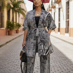 Black and off‑white African tie dye pants suit for women with sparkling rhinestones, Anaya African clothing set styled for African parties.