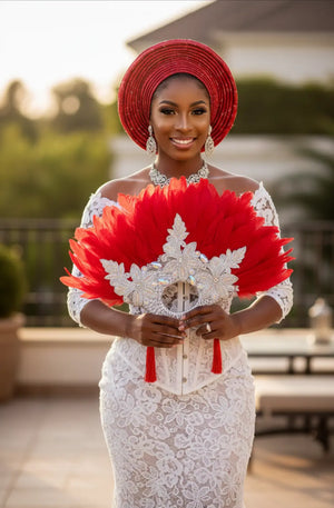 Odunde: Red & Silver Embellished African Feather Fan for Women - Perfect for Weddings & Fashion Accessories DPFFRS58 | African Fashion