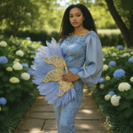 Light-blue African bridal feather fan with ornate silver handle and glitter stones by Dupsie’s African Fashion