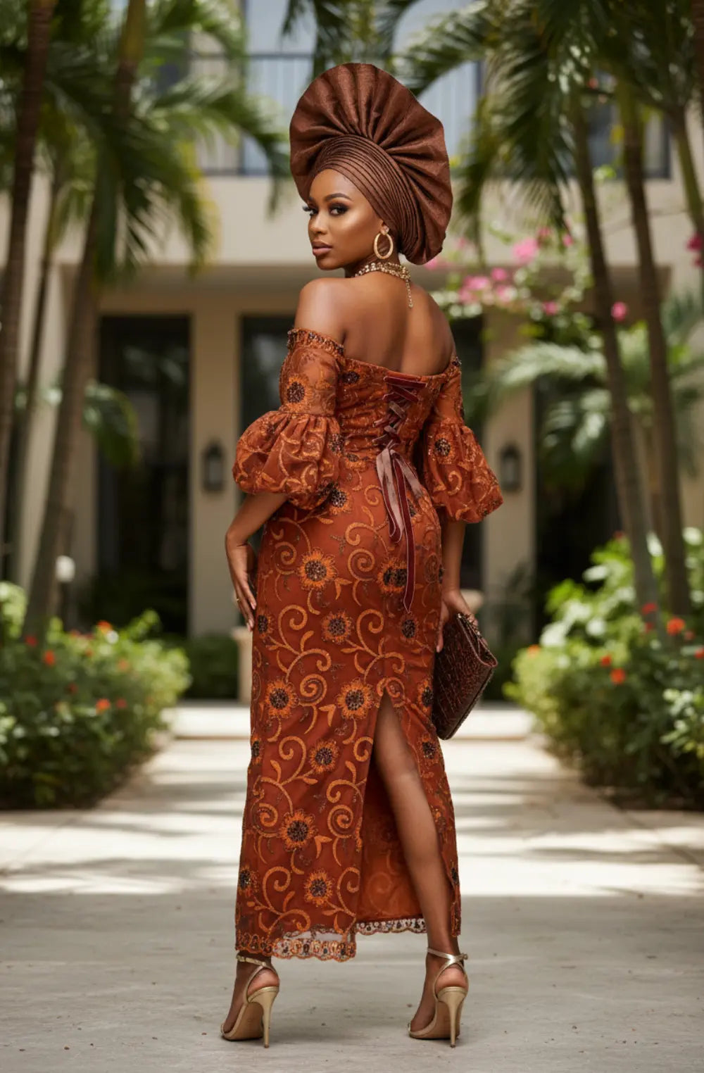 Anofia™ Burnt Orange African Rhinestoned Lace Maxi Dress for Women