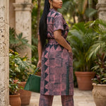 Elegant African women's cotton tie-dye pants suit with rhinestones and collared kimono shirt.