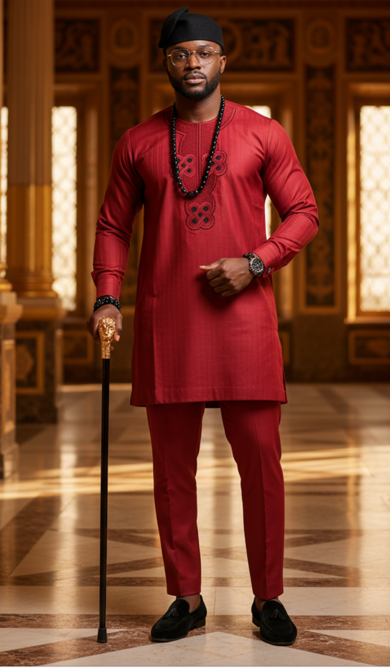 Close-up of Intricate Black Embroidery on Red Agbada Robe