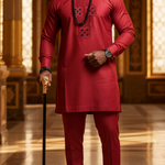 Close-up of Intricate Black Embroidery on Red Agbada Robe