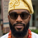 Agbe Cream with Gold Embroidery African Aso Oke Fila Cap Hat for Men by Dupsie's African Fashion handcrafted from authentic Nigerian Yoruba Aso Oke fabric.